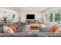 Comfortable living room with a gray sofa, rustic wood coffee table, and lots of light at 5499 Angus Dr, Stanfield, NC 28163