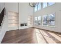 Bright living room featuring a fireplace, built-in shelving, and expansive windows at 18038 Greyfield Gln, Fort Mill, SC 29707