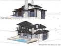 Architectural drawing of a modern lake house featuring a pool, patio, fireplace, and balconies at 6644 Goose Point Dr, Denver, NC 28037