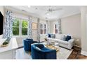 Bright living room features large windows, hardwood floors, and stylish blue accents at 106 N Laurel Ave # 118, Charlotte, NC 28207