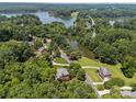 Aerial view of a lakeside community nestled among dense trees showcases natural beauty and serenity at 1019 Westlake Dr, Kannapolis, NC 28081