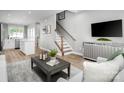 Open-concept living room with stairs, sleek decor, and seamless flow to the kitchen at 1474 Samuel St, Charlotte, NC 28206