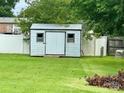 Storage shed with metal roof in a well-maintained backyard, providing ample space for tools at 5816 Scotland Yard Rd, Rock Hill, SC 29732
