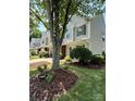 Beautiful townhouse exterior with lush landscaping, including a mature tree and manicured lawn at 9730 Elizabeth Townes Ln, Charlotte, NC 28277