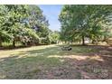 Wide shot of the backyard featuring mature trees and a picnic table at 2508 Wood Star Ct, Matthews, NC 28105