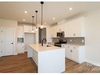 Bright kitchen boasts white cabinets, stainless steel appliances, large island with pendant lighting, and hardwood floors at 133 Armstrong Rd, Belmont, NC 28012