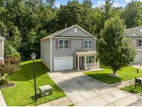 Two-story house with gray siding, a white garage door, and a small front porch at 3800 Alexander Forest Dr, Charlotte, NC 28269