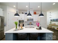 Modern kitchen with island, stainless steel appliances, and white cabinets at 216 Portrait Way, Indian Trail, NC 28079