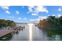 Stunning aerial view of the lake with boats docked along the shoreline and the sun reflecting on the clear water at 29049 Snapper Pt, Tega Cay, SC 29708