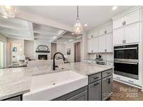 Bright kitchen features white cabinets, stainless steel appliances, and a large island with a farmhouse sink at 267 Triple Ponds Ct # 11, Clover, SC 29710