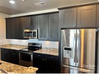 Modern kitchen features stainless steel appliances, granite countertops and dark cabinetry at 2338 Yadkin Ave # 505, Charlotte, NC 28205