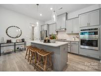 Modern kitchen with gray cabinets, quartz countertops, and stainless steel appliances at 3109 Beacon Heights Rd, Indian Land, SC 29707