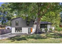 Stylish mid-century modern home with gray and white exterior, landscaping, and large tree at 3801 Woodleaf Rd, Charlotte, NC 28205