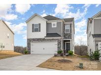 Two-story home with gray and white siding, stone accents, and a two-car garage at 345 Hyssop Ct, Fort Mill, SC 29715