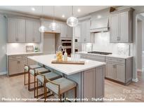 Modern kitchen with gray cabinetry, quartz counters, a large island, pendant lights, and stainless steel appliances at 9842 Quercus Ln, Huntersville, NC 28078