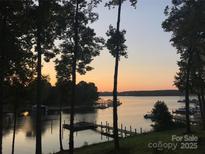 Beautiful sunset view of the lake, framed by tall trees and docks for boating at 113 Angler Pl, Mooresville, NC 28117