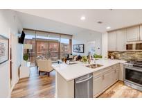 Beautiful open-concept kitchen and living room featuring an island, stainless steel appliances and balcony access at 315 Arlington Ave # 607, Charlotte, NC 28203