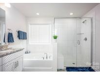 Bathroom showcasing a modern shower, soaking tub, and elegant white tile design at 4134 Steel Way, Sherrills Ford, NC 28673