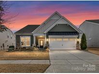 Charming single-Gathering home with a well-manicured lawn and an attached two-car garage at twilight at 3207 Oliver Stanley Trl, Lancaster, SC 29720