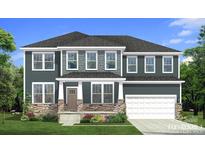 Two-story home with gray siding, stone accents, and a two-car garage at 820 Regulus Ct, York, SC 29745