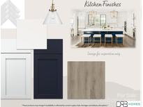 A kitchen finish design featuring navy and white cabinets, wood flooring, and brass pendant lighting, great for modern homes at 14028 Felix Ln # 3, Charlotte, NC 28277