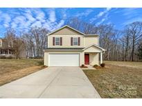 Two-story house with beige siding, a red door, and a two-car garage at 271 Wendover Dr, Salisbury, NC 28147