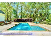 Inviting in-ground pool with a sun shelf, a waterfall feature, and a patio area surrounded by lush greenery at 8384 Blades Trl, Denver, NC 28037