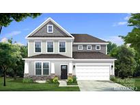 New construction two-story home showcasing gray siding, stone accents, covered porch, and an attached two-car garage at 889 Regulus Ct, York, SC 29745