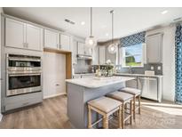 Beautiful gray kitchen with stainless appliances, pendant lighting, and an island with seating at 1498 Hubert Graham Way, Tega Cay, SC 29708