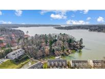 Breathtaking aerial view showcasing waterfront property surrounded by tranquil waters, mature trees and dock at 14021 Queens Harbor Rd, Charlotte, NC 28278
