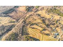 This aerial shot showcases the area's diverse landscape, with open fields, clustered trees, and established power lines at 7270 Long Island Rd, Catawba, NC 28609