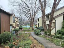 View of landscaped community with a fountain pond in the background and lush greenery surrounding walkways at 7319 Winery Ln, Charlotte, NC 28227