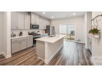 Modern kitchen with stainless steel appliances, a large island, and sliding doors to the patio at 4548 Millennium Ave, Charlotte, NC 28217