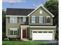 Two-story home with gray siding, black shutters, red front door, and two-car garage at 496 Kenyon Dr, Denver, NC 28037