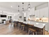 Bright, open-concept kitchen with a large marble island, modern lighting, and stainless steel appliances at 2208 Indigo Branch Rd, Indian Land, SC 29707