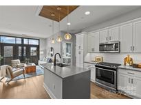 Bright, open kitchen featuring a large island, modern appliances, pendant lighting, and connection to the living room at 2401 Euclid Ave # 213, Charlotte, NC 28203