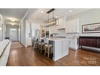 Open-concept kitchen featuring a spacious island with bar seating, modern appliances, and stylish cabinetry at 182 Walking Horse Trl, Davidson, NC 28036