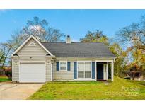 Charming single-Gathering home featuring a well-manicured lawn and blue shutters, inviting curb appeal at 7204 Cranswick Pl, Charlotte, NC 28227