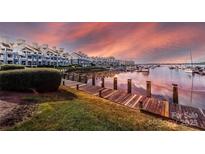 Picturesque dock and marina view with waterfront condos, boats and sunset background at 18861 Vineyard Point Ln, Cornelius, NC 28031