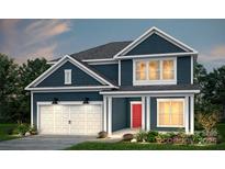 Charming two-story home with blue siding, white trim, a red front door and an attached two-car garage at 9508 Coast Laurel Nw Ave, Concord, NC 28027