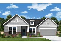 New construction home exterior featuring gray siding, brick accents, and a two-car garage at 3237 Vermillion Dr, Harrisburg, NC 28075