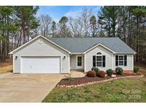 Charming single-story home with a well-manicured lawn, gray siding, and an attached two-car garage at 113 Misty Spring Rd, Troutman, NC 28166