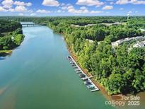 Stunning aerial view of lakefront property with boat docks surrounded by lush greenery and serene waters at 769 River Park Rd, Belmont, NC 28012