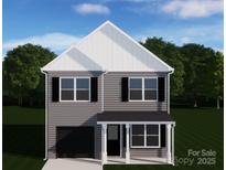 Charming two-story home with gray siding, black shutters, and a covered front porch, set against a backdrop of lush trees at 5005 County Home Rd, Conover, NC 28613