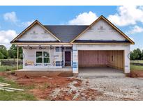 New construction home showing garage and covered entrance with gray roof and house wrap at 8455 W Nc 152 Hwy, Mooresville, NC 28115