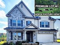 Northeast-facing two-story home with stone accents, shutters, covered entry, and horse pasture views at 4253 Stream Dale Nw Cir, Concord, NC 28027