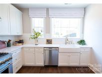 Bright kitchen features white cabinetry, stainless steel appliances, subway tile backsplash, and a farmhouse sink at 403 Old Town Village Rd, Waxhaw, NC 28173