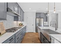 Modern kitchen boasts gray cabinets, stainless steel appliances, and a stylish backsplash at 2133 Moss Bluff Dr, Mint Hill, NC 28227