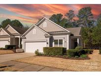 Charming one-story home with a well-manicured lawn, an attached garage, and a beautiful sunrise sky at 1005 Sweetleaf Dr, Fort Mill, SC 29707