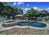 Backyard pool featuring a jacuzzi, small pool house, and water fountain at 1569 Benjamen Latrobe Cir, Fort Mill, SC 29708